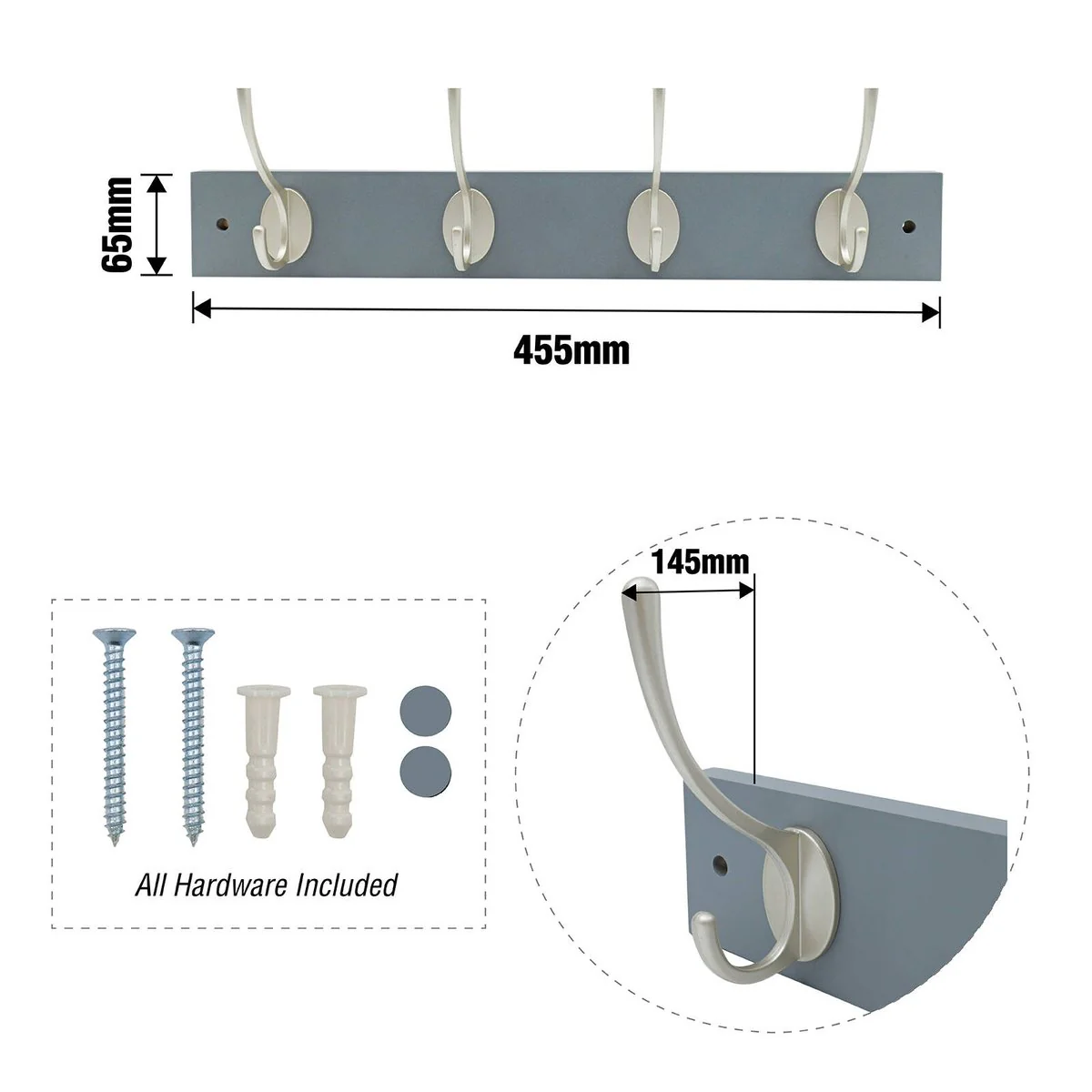 Adoored 4 Double Silver Hook Grey Board Deco Hook Rack - 455mm x 65mm x 145mm - Durable Timber & Steel - Easy Installation - Image 4