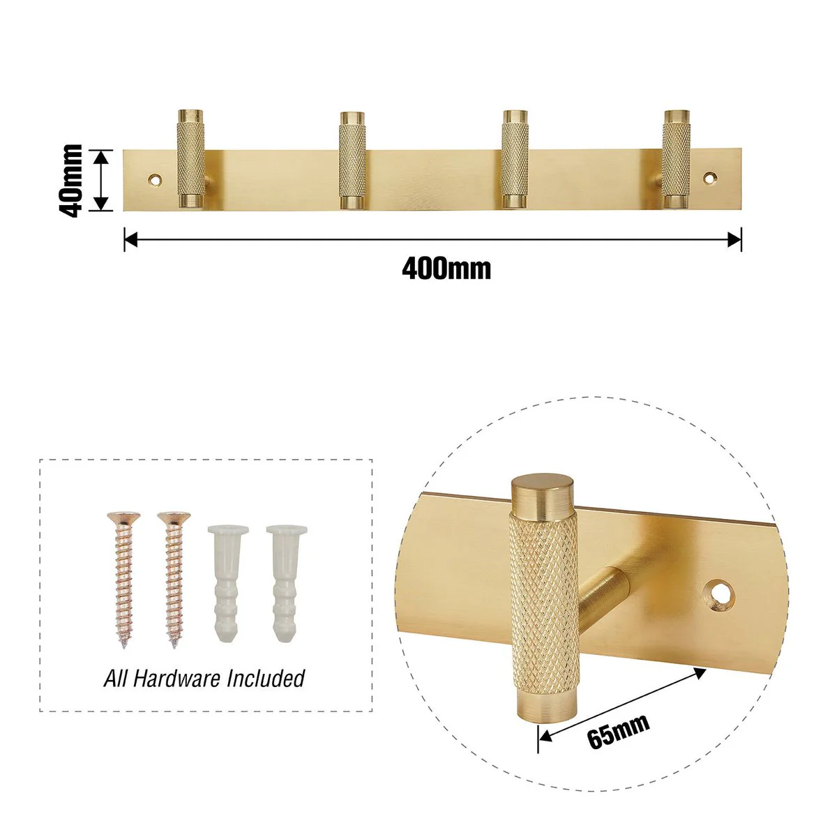 Adoored 4 Hook Brass Knurled Deco Hook Rack - 400mm x 40mm x 65mm - Durable - Image 5