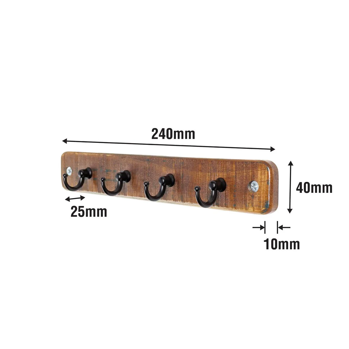 Adoored 4 Hook Rustic Board Key Rack - 245mm x 40mm x 10mm - Black - Image 3