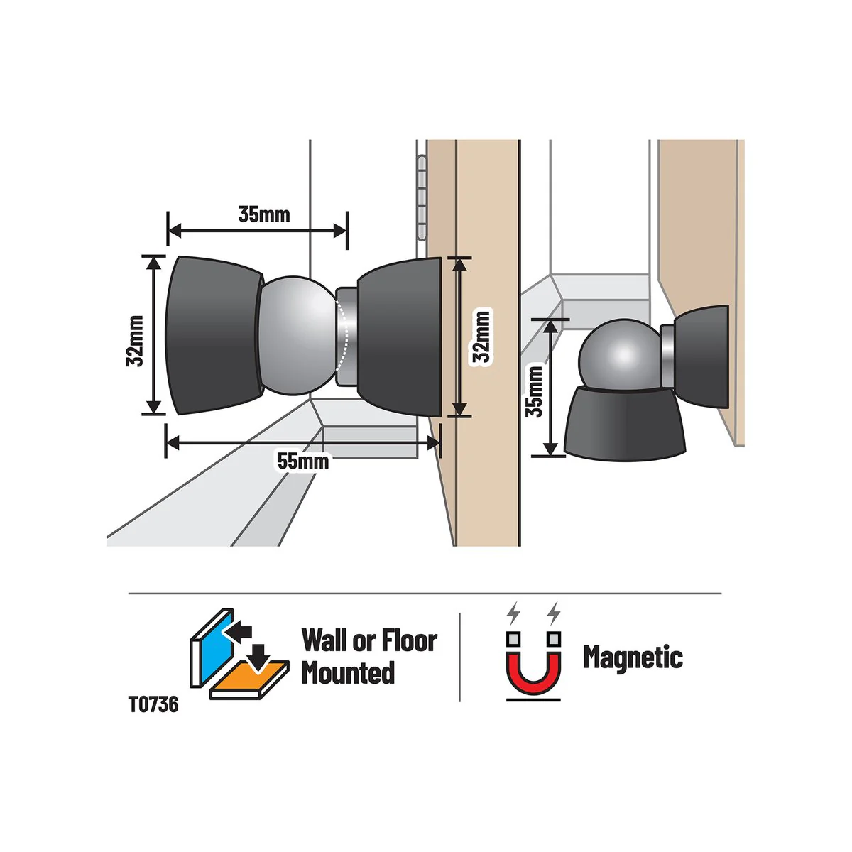 Adoored 55mm Black Sphere Door Stop - Magnetic Door Catch - Easy Install - Image 3