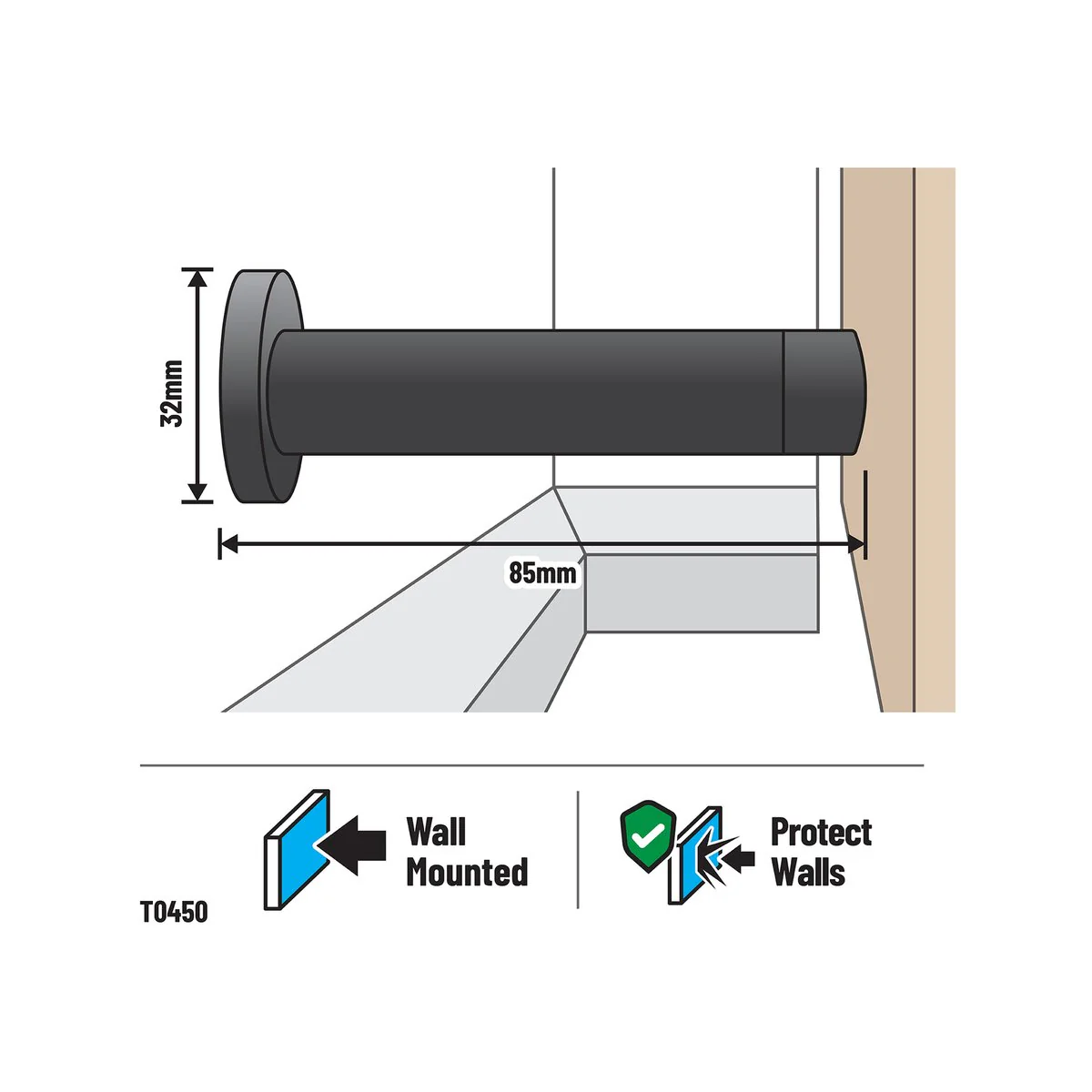 Adoored Door Stop - 85mm - Steel/Rubber - Wall Mounted - Image 2