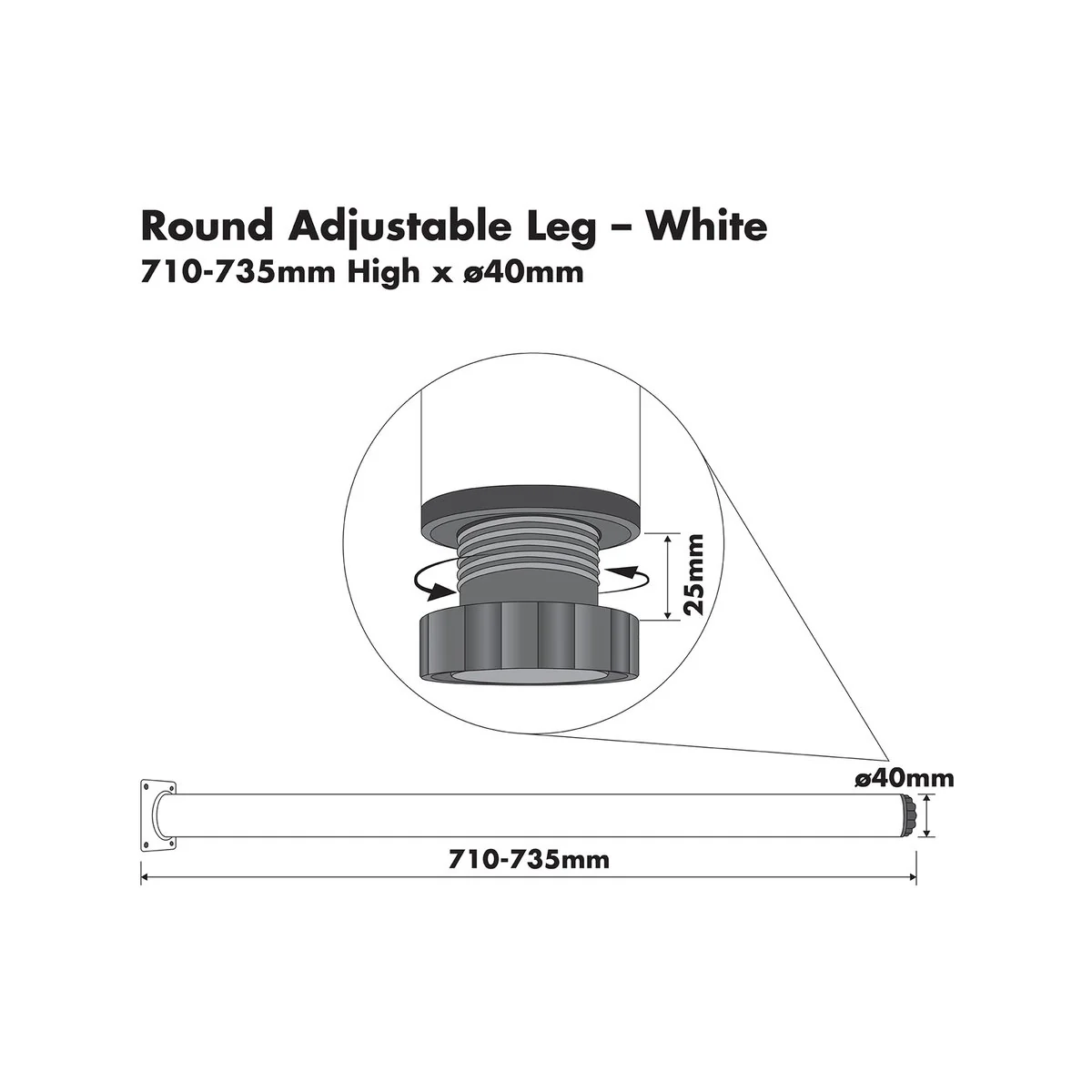 Adoored 40 x 710mm White Round Adjustable Metal Furniture Leg - Image 2