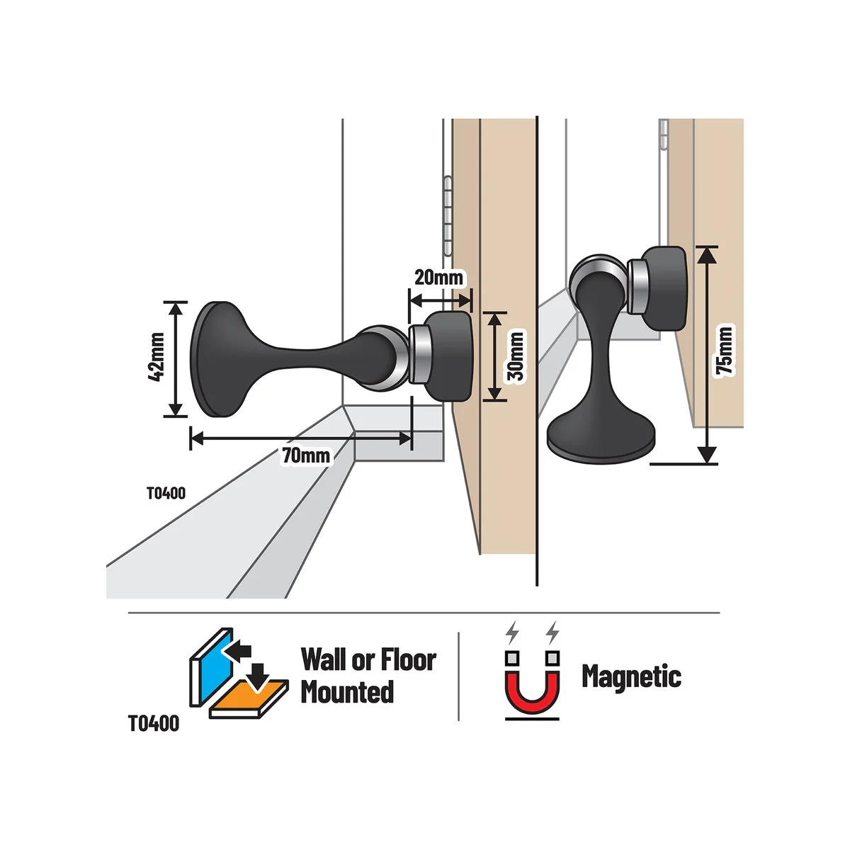 Adoored Magnetic Door Stop - 67mm - Steel - Shock Absorbing - Image 3