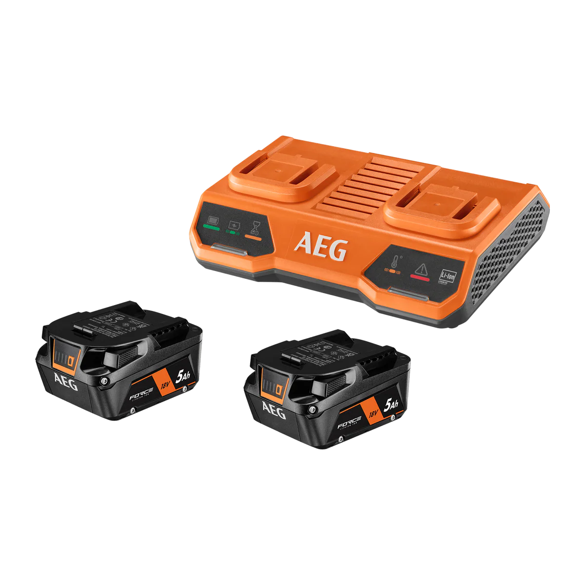 AEG 18V 5.0Ah Dual Port Charger & Battery Twin Pack - 2 Batteries - 85 Min Charge