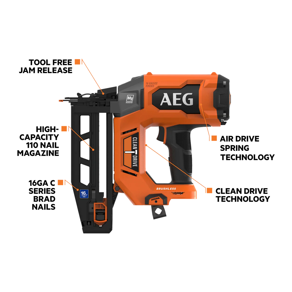 AEG 18V Brushless 16GA Straight C Brad Nailer Skin Only - 2.6kg - Efficient Nailing - Image 2