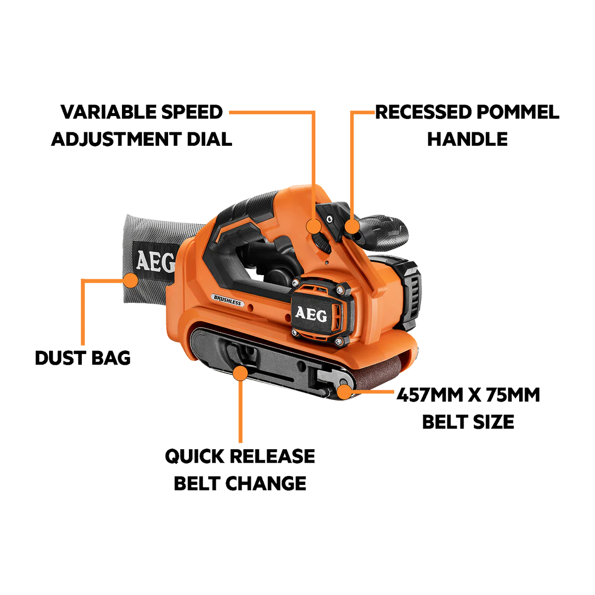 AEG 18V Brushless Belt Sander - 75mm - Skin Only - Quick Release Belt Change - Variable Speed Control - Image 2