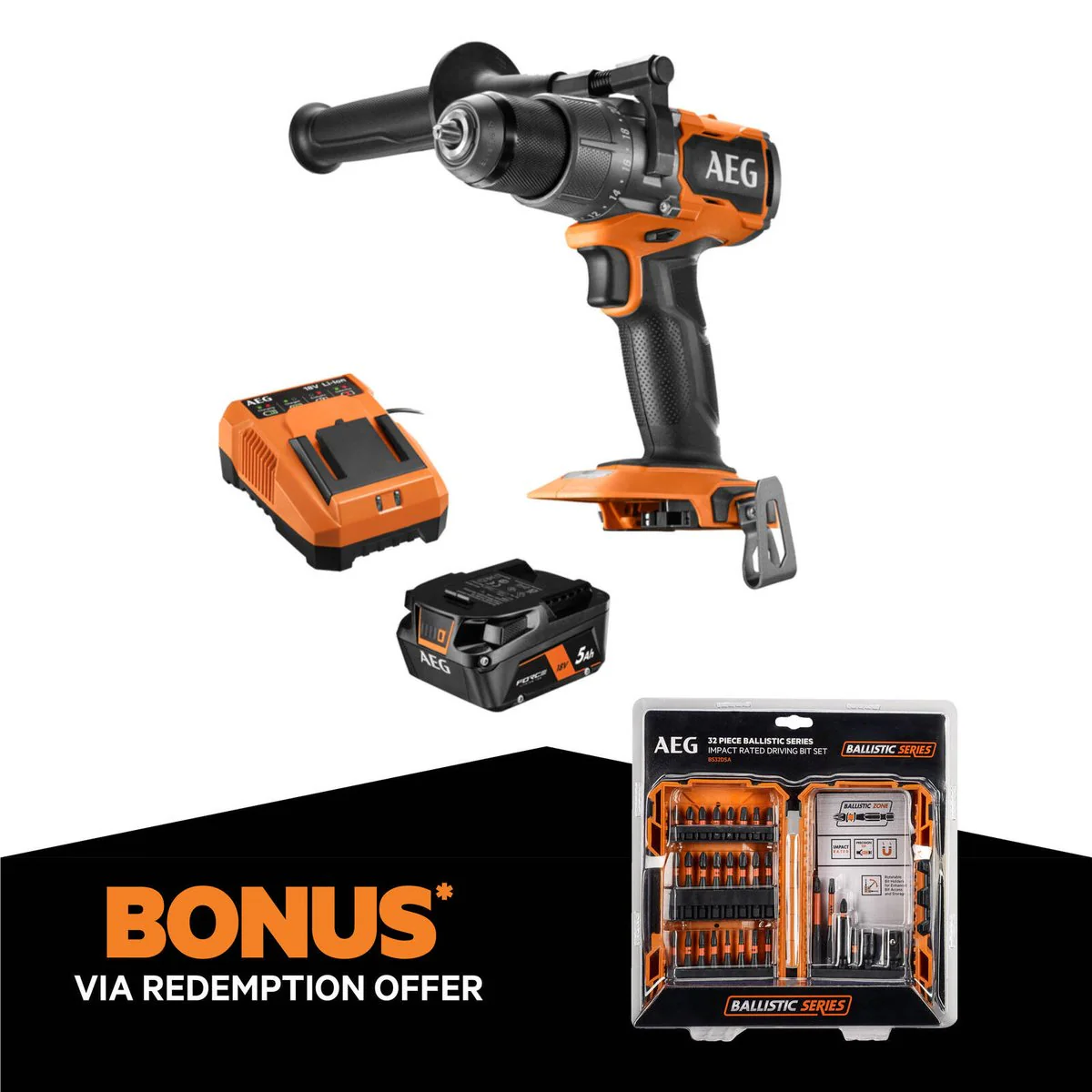 AEG 18V Brushless Hammer Drill Kit - 2-Speed Gearbox - 65mm Timber Capacity - LED Light