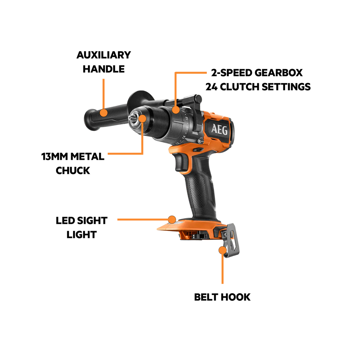 AEG 18V Brushless Hammer Drill Kit - 2-Speed Gearbox - 65mm Timber Capacity - LED Light - Image 2