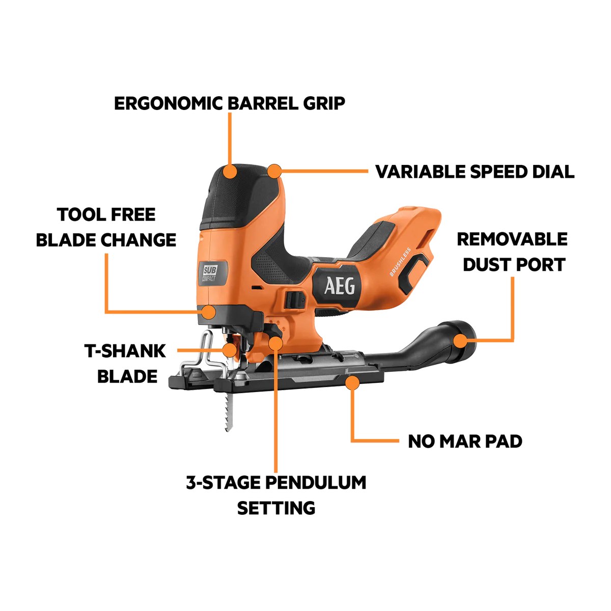 AEG 18V Brushless Sub Compact Barrel Grip Jigsaw Skin Only - 186mm x 83mm x 270mm - Precision Cutting - Image 2