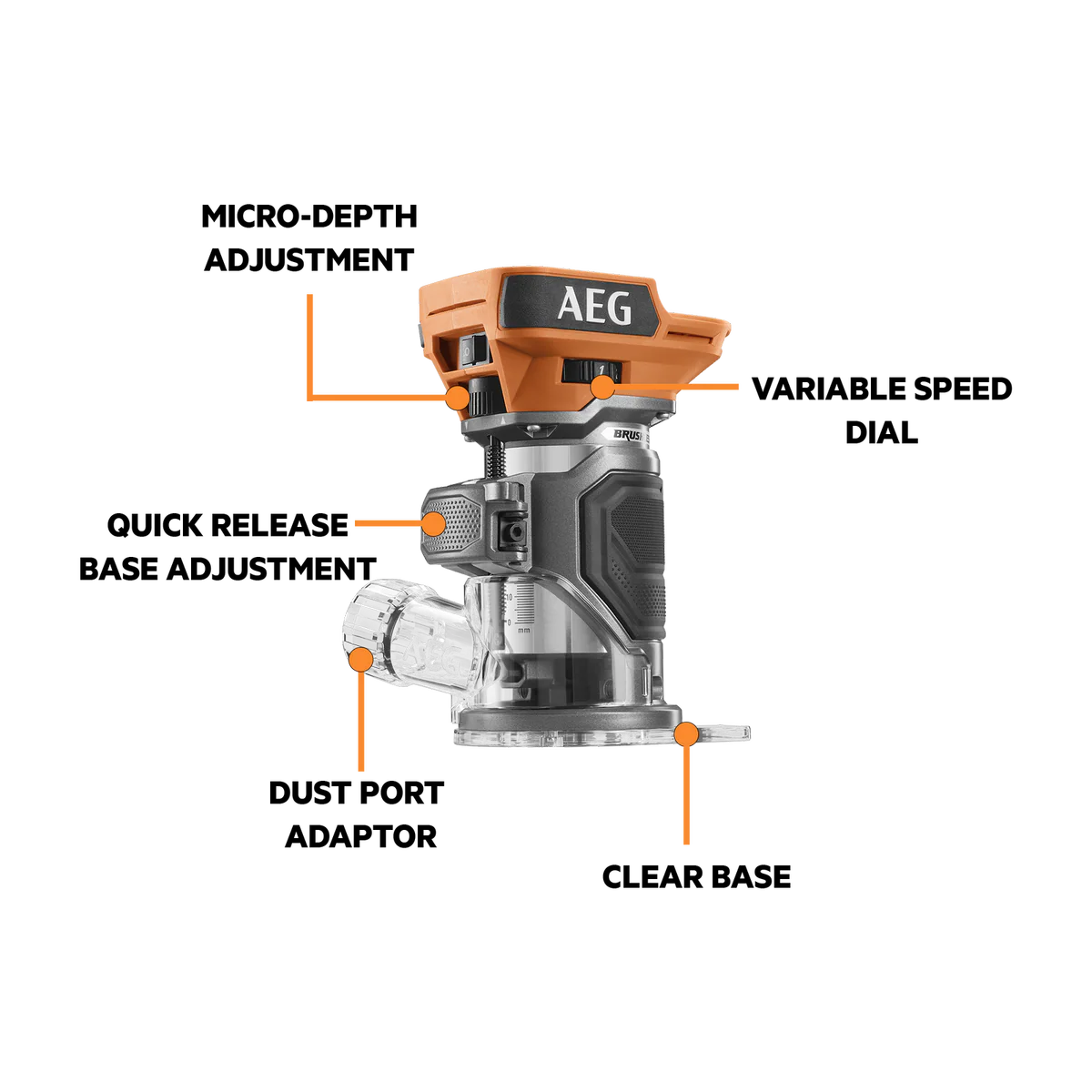 AEG 18V Brushless Trim Router Skin Only - ¼” - 100mm x 180mm - Precision Routing - Image 2