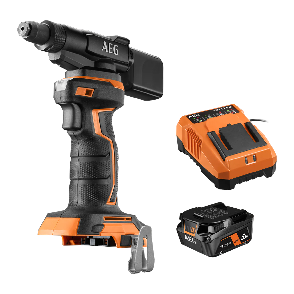 AEG 18V Compact Rivet Gun 4.8mm - 5Ah Kit - 11kN Pull Force - LED Light
