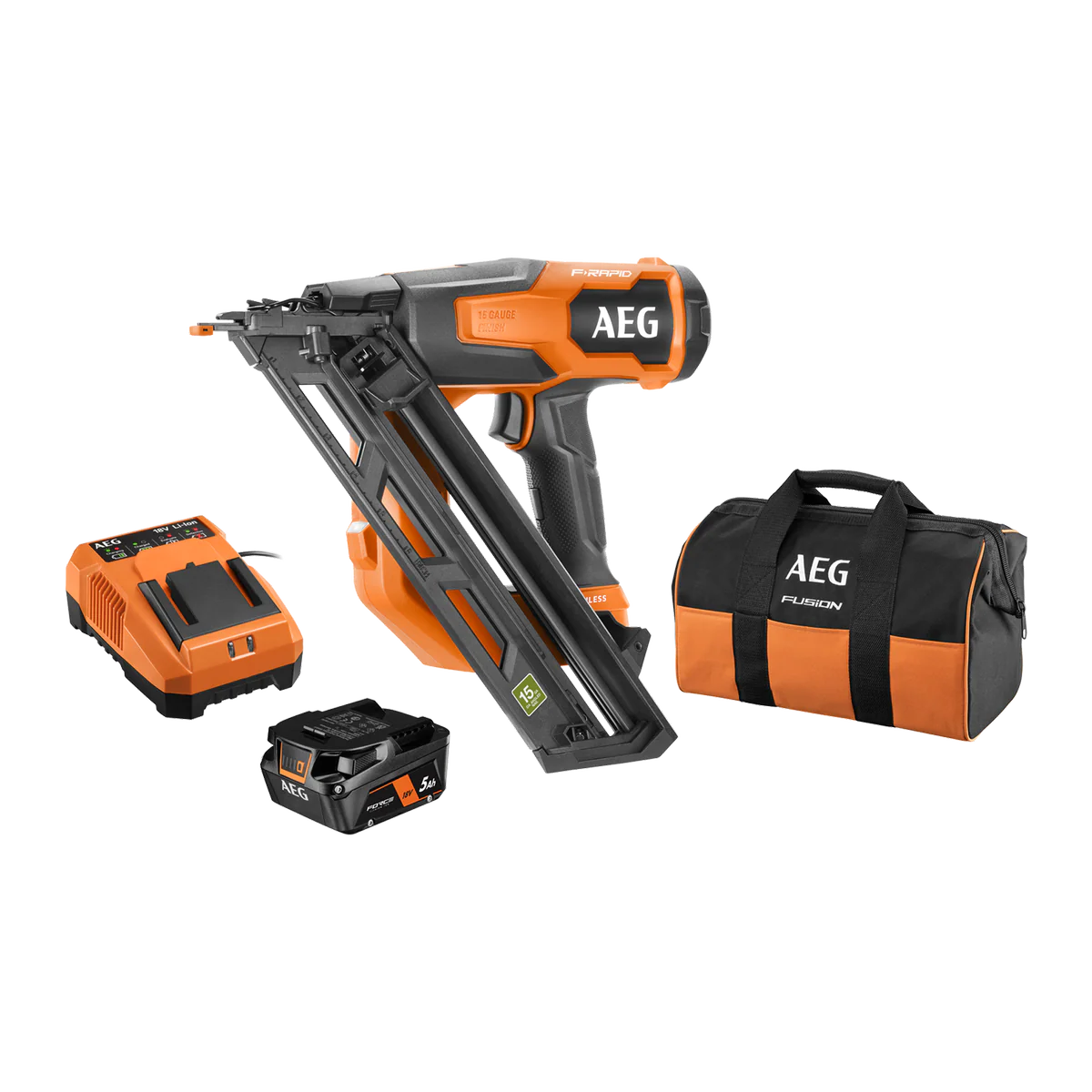 AEG 18V F-RAPID 15GA DA Angled Brad Nailer Kit - 5Ah Battery - 162mm x 600mm x 317mm