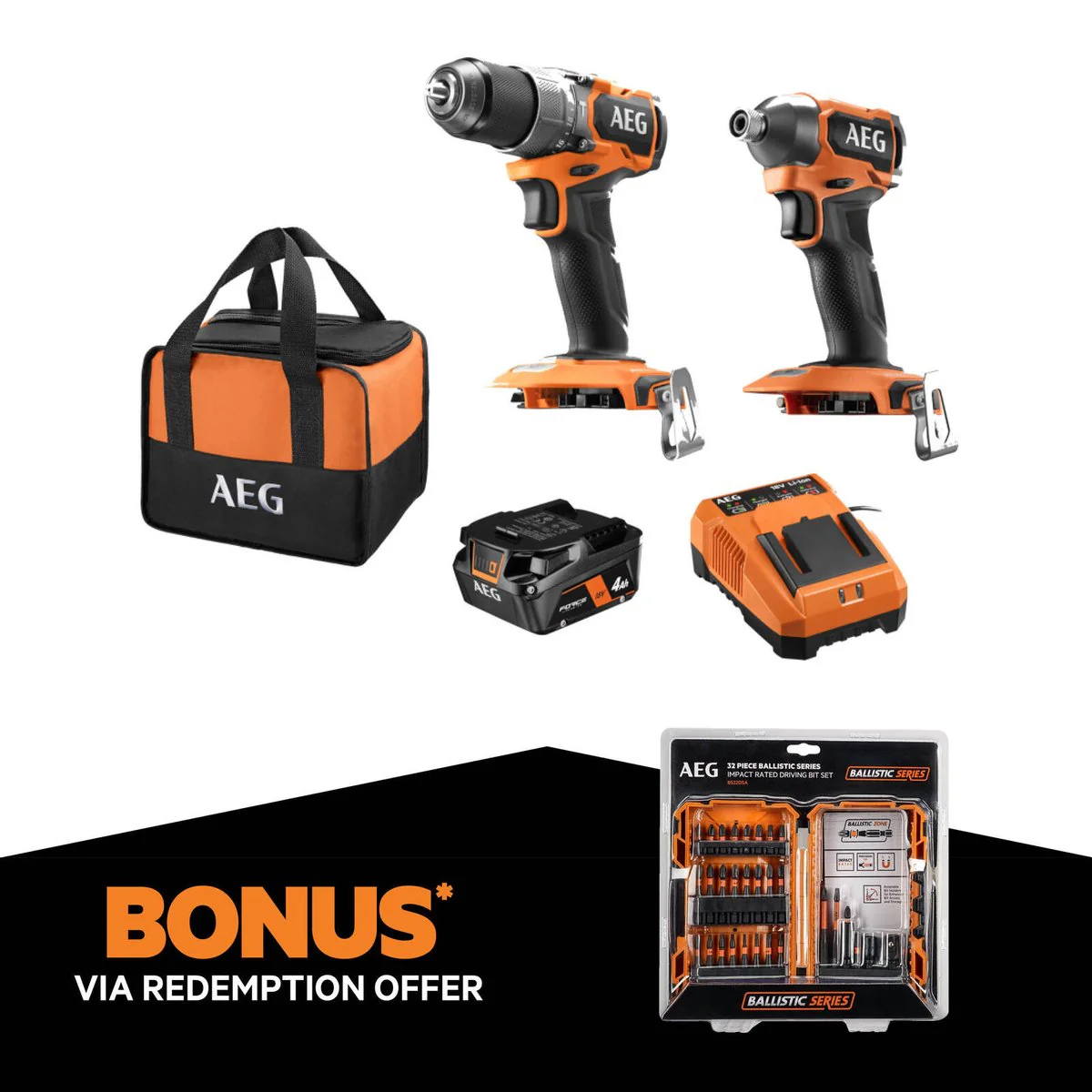 AEG Powertools 18V Brushless Sub Compact 2 Piece Kit - 4.0Ah Battery - Lightweight