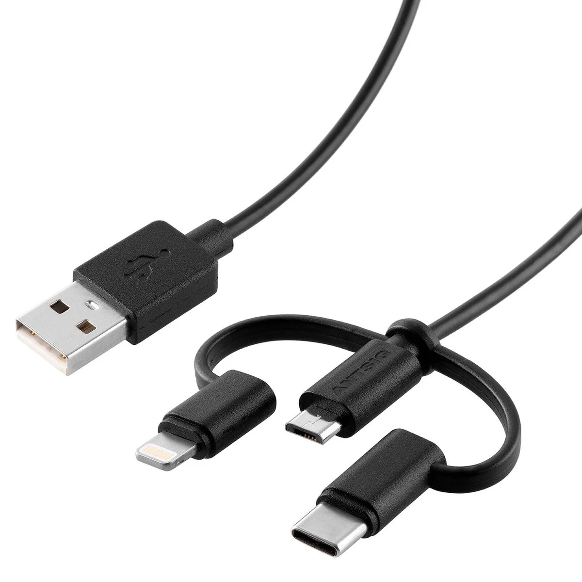 Antsig 1m 3 in 1 USB Cable - Versatile Charging - USB-A, Micro-USB, Lightning, USB-C