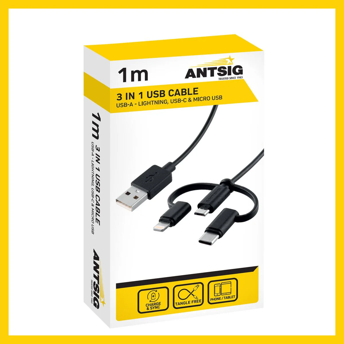 Antsig 1m 3 in 1 USB Cable - Versatile Charging - USB-A, Micro-USB, Lightning, USB-C - Image 3