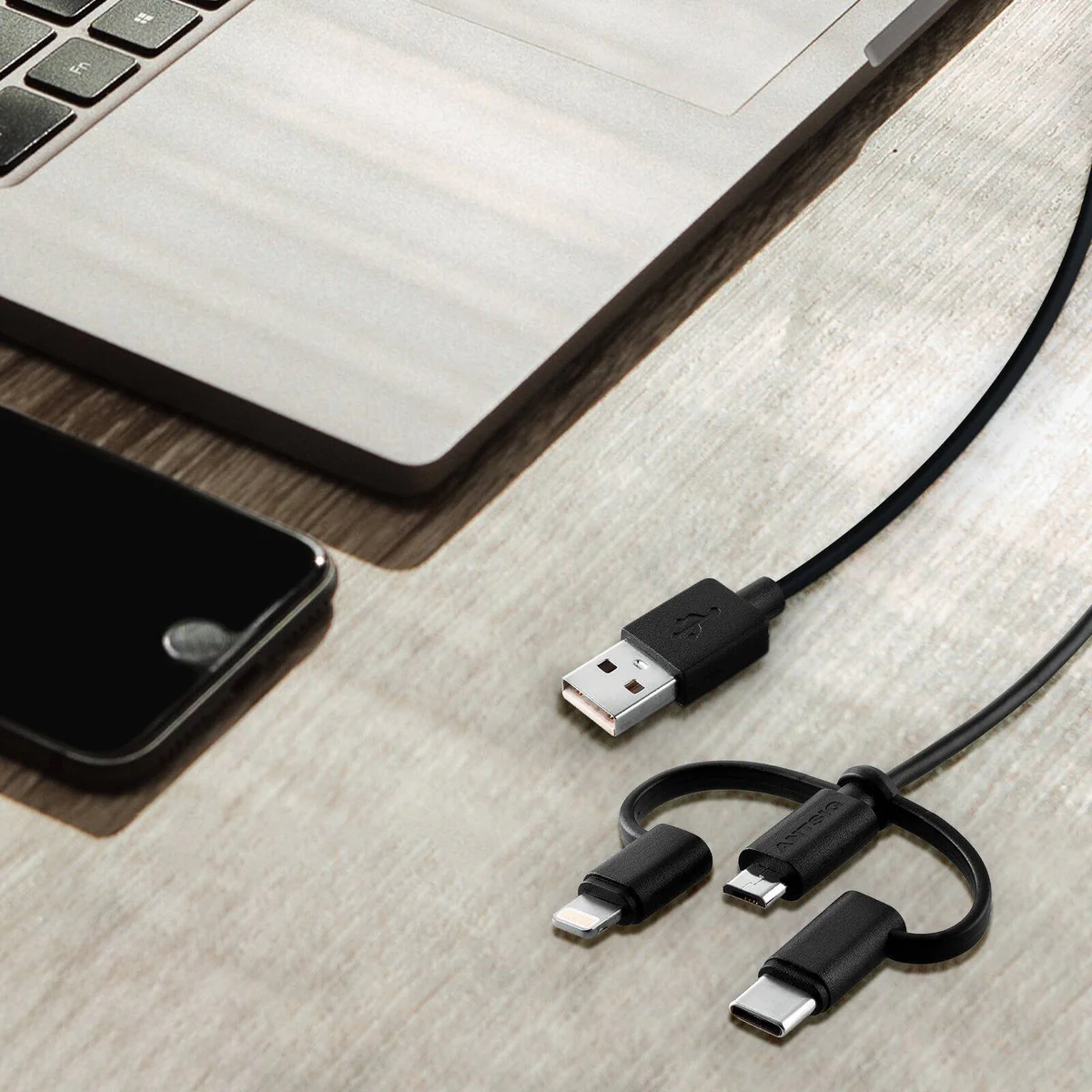 Antsig 1m 3 in 1 USB Cable - Versatile Charging - USB-A, Micro-USB, Lightning, USB-C - Image 4