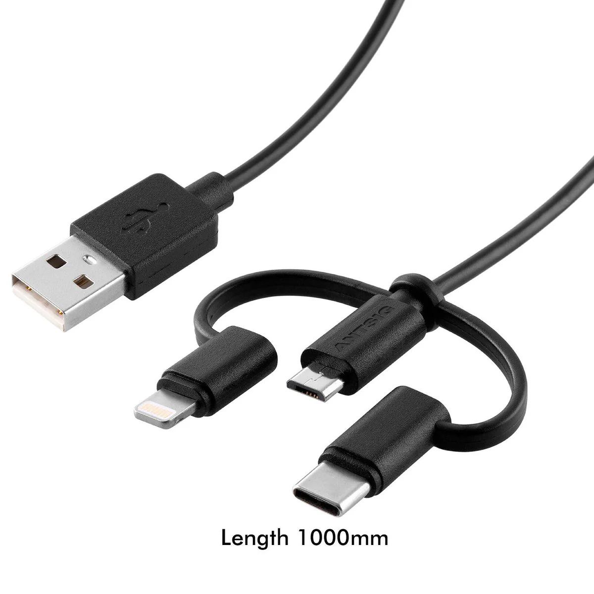 Antsig 1m 3 in 1 USB Cable - Versatile Charging - USB-A, Micro-USB, Lightning, USB-C - Image 5