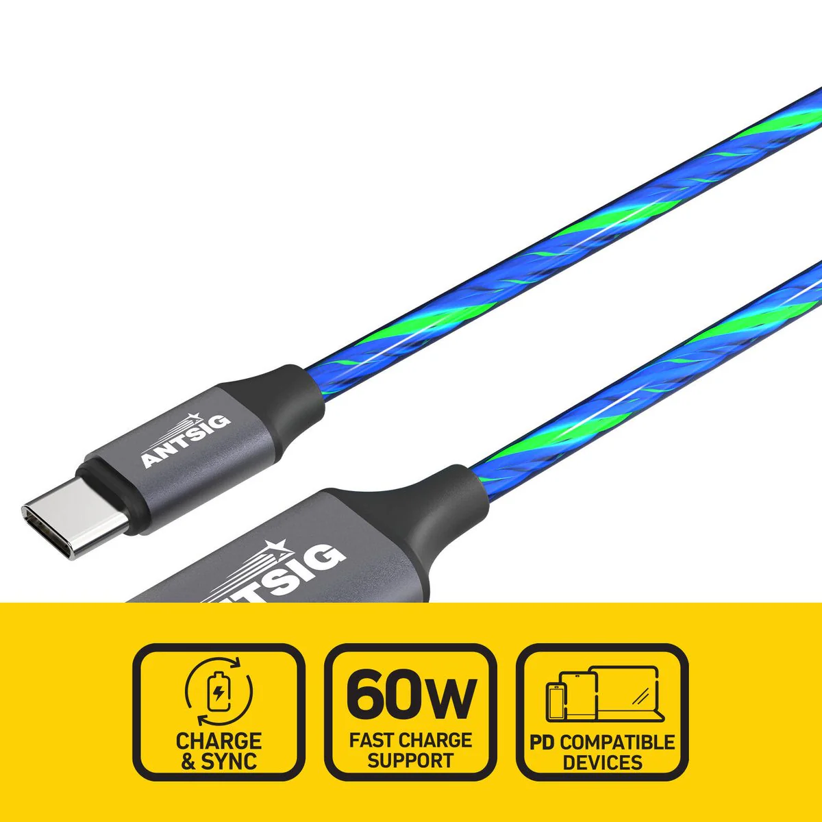 Antsig 1m USB C to USB C Light Up Cable - Blue - Charge & Sync - Image 2