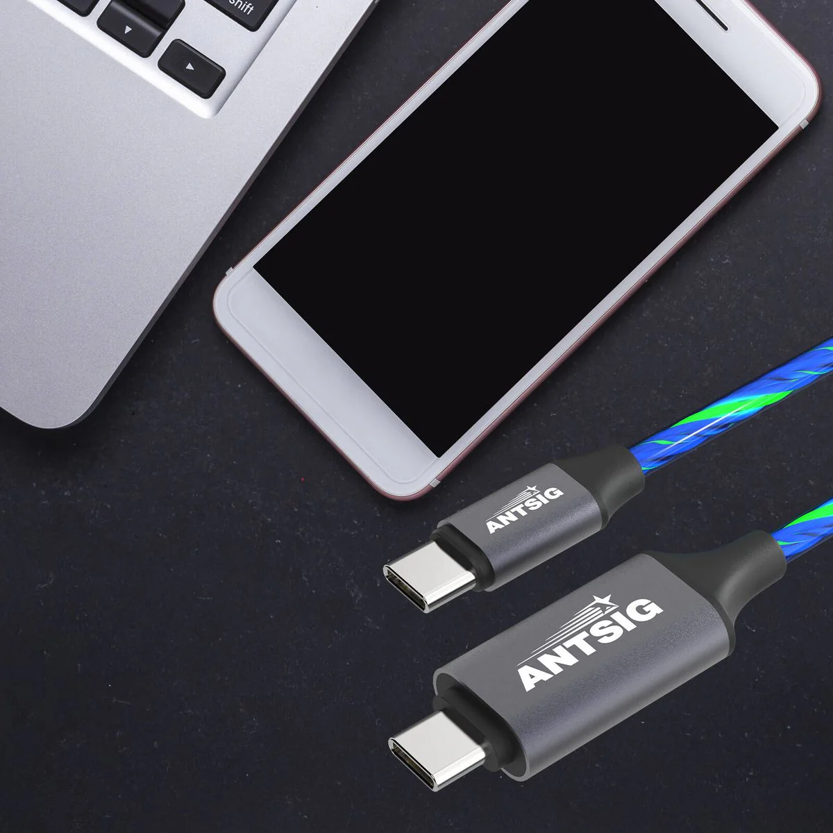 Antsig 1m USB C to USB C Light Up Cable - Blue - Charge & Sync - Image 3