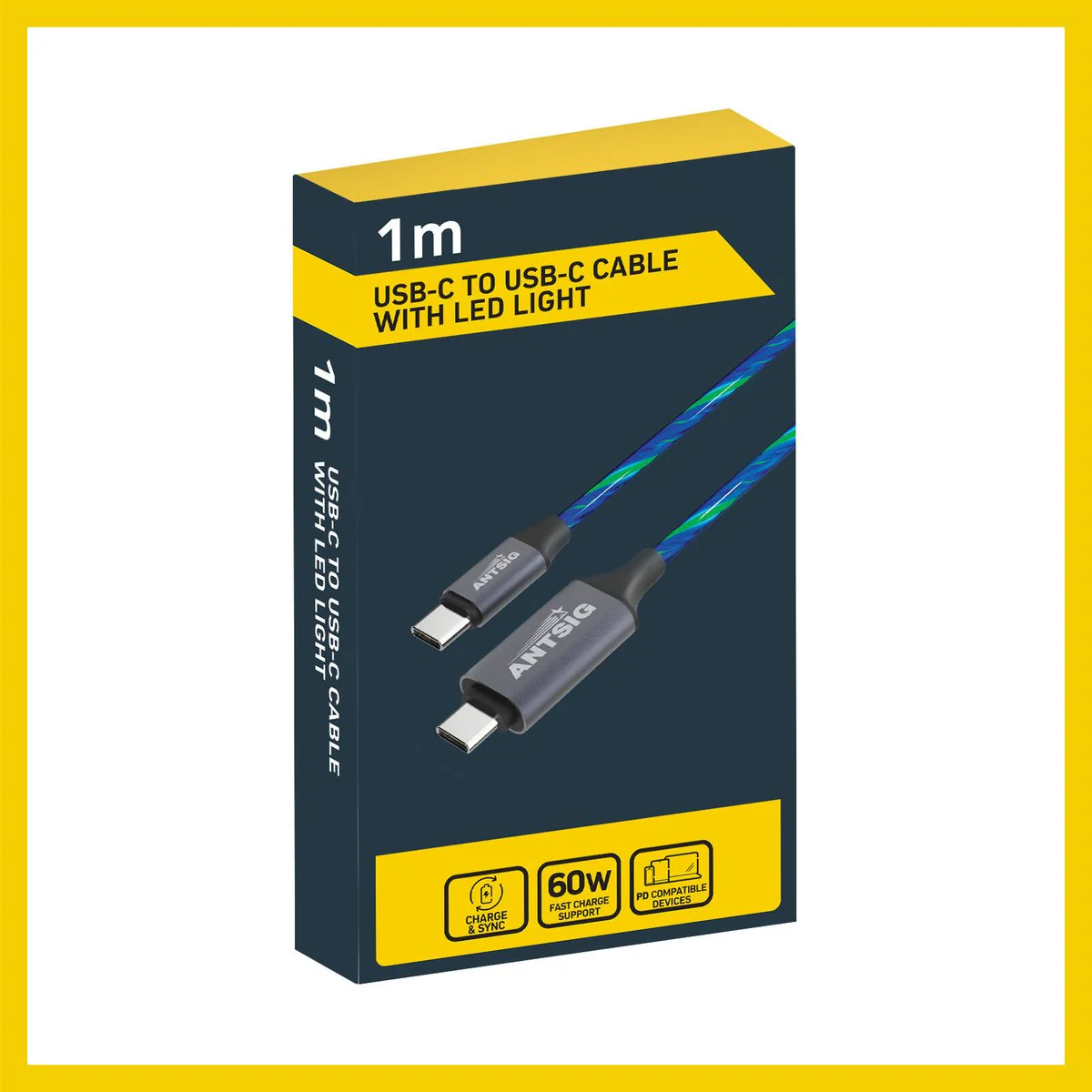 Antsig 1m USB C to USB C Light Up Cable - Blue - Charge & Sync - Image 5
