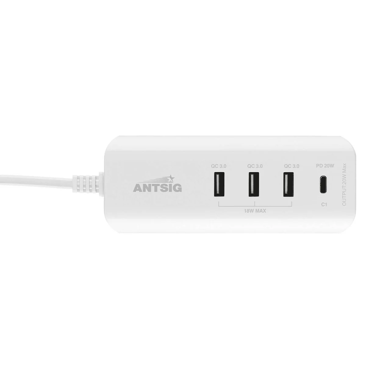 Antsig 20W Compact USB Charger - 4 Ports - 0.9m AC Cable - Portable Charging