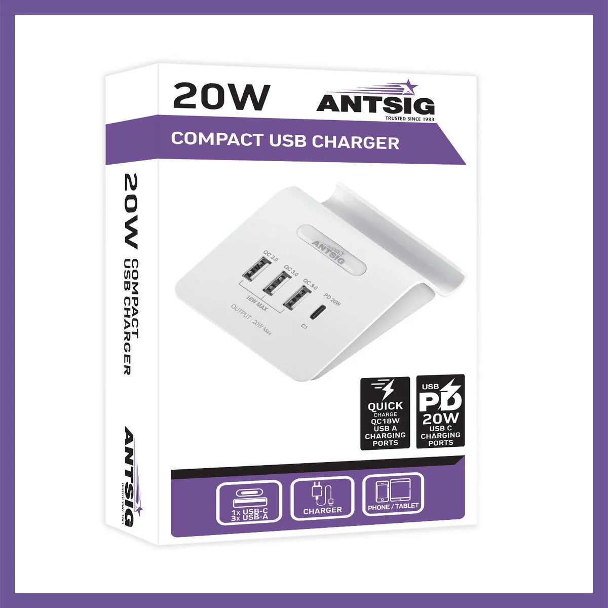 Antsig 20W Compact USB Charger - 4 Ports - Fast Charging - Device Holder - AP3034B - Image 3