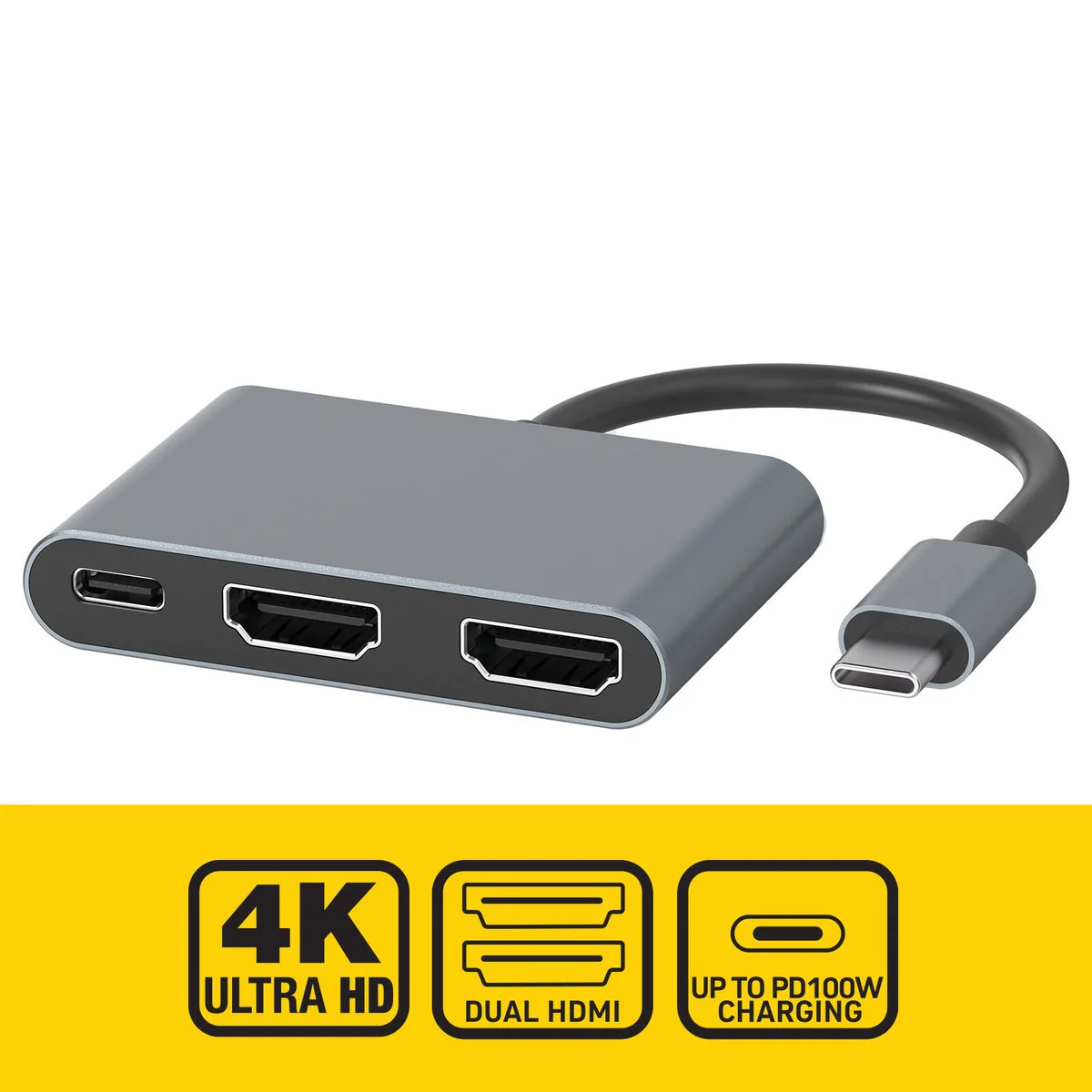 Antsig 3 in 1 USB-C to HDMI Adapter - Dual 4K UHD - Grey - 100W Charging - Image 2