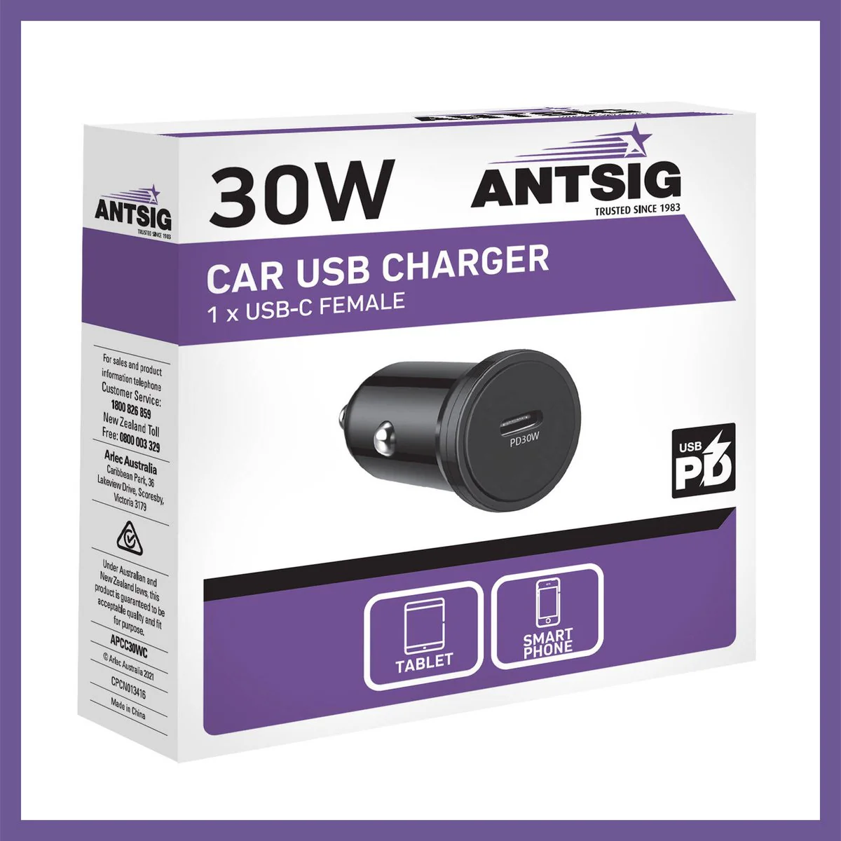 Antsig 30W USB-C Car Charger - Fast Charging - Durable Polycarbonate - 25mm x 70mm - Image 3