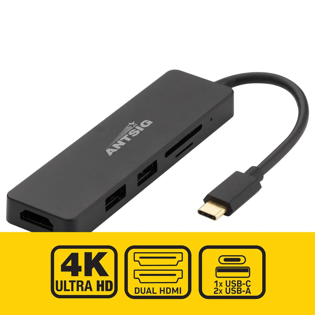 Antsig 5 in 1 USB-C Multiport Adapter - 4K HDMI - 2 USB-A Ports - Black - Image 2