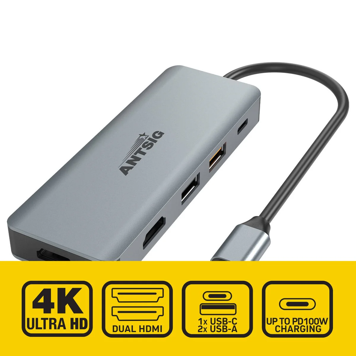 Antsig 7 in 1 USB C Multiport Adapter - Dual HDMI 4K - USB-A - SD Slots - 270mm - Image 2