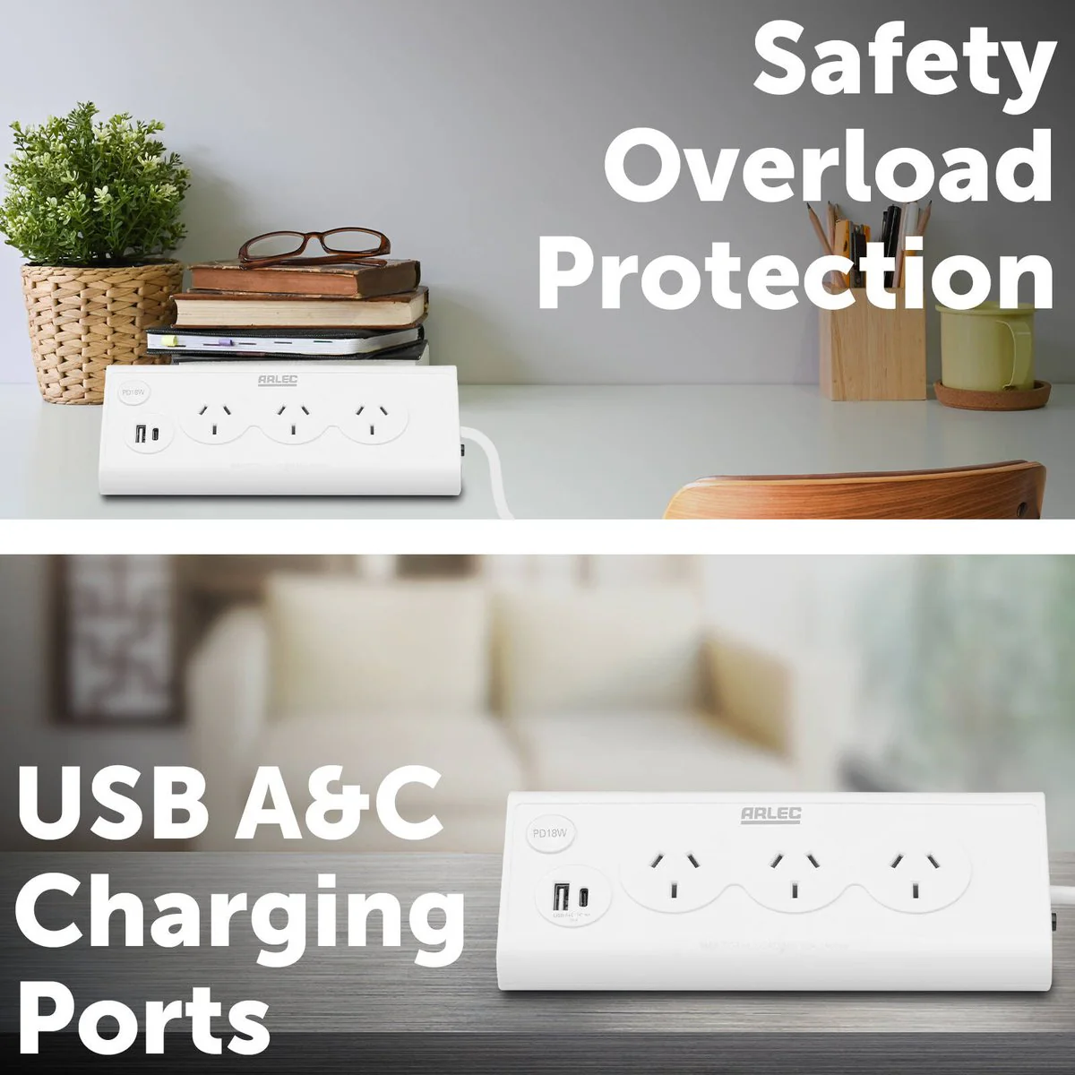 Arlec 3 Outlet Triangular Powerboard 70mm - White - Fast Charging USBs - Image 3