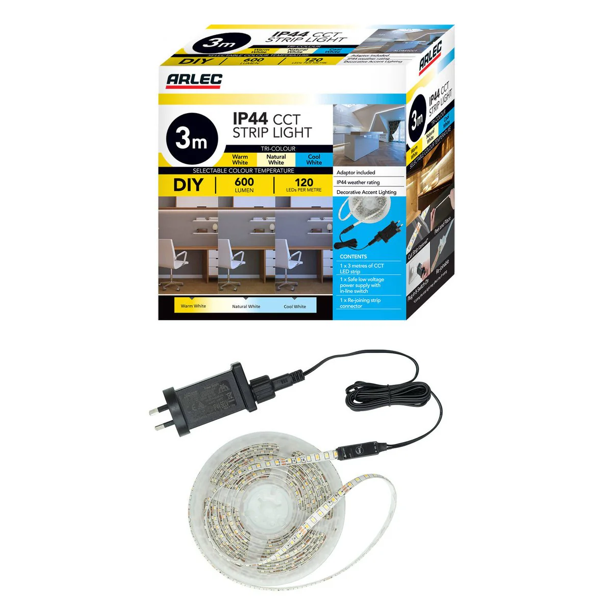 Arlec 3m LED Strip Light - 600lm - IP44 Weather Rated - Tri-Colour Modes