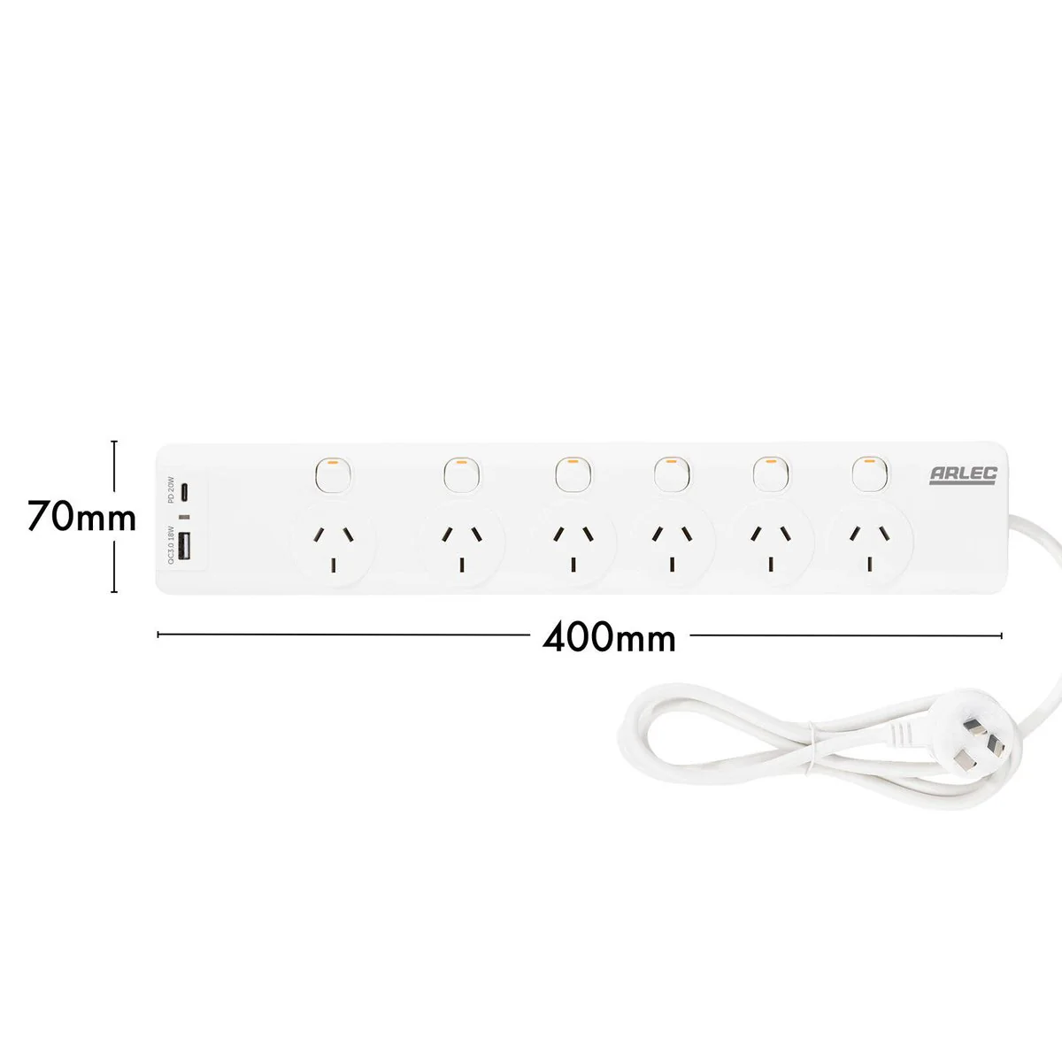 Arlec 6 Outlet Surge Protected Powerboard 1.8m - White - PD20W USB Charging - Image 4