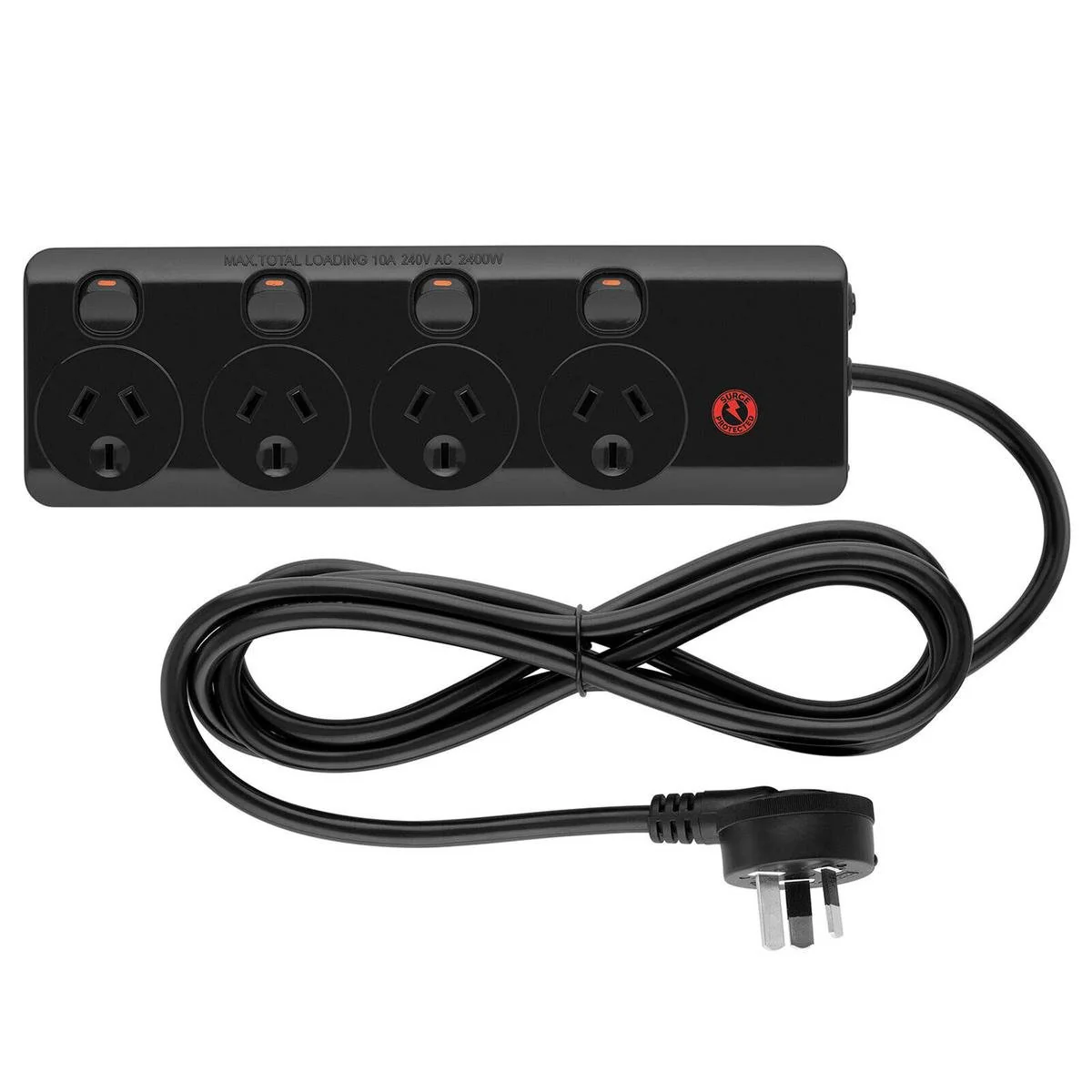 Arlec Black 4 Outlet Surge Protected Powerboard - 3m Lead - 350 Joule Protection