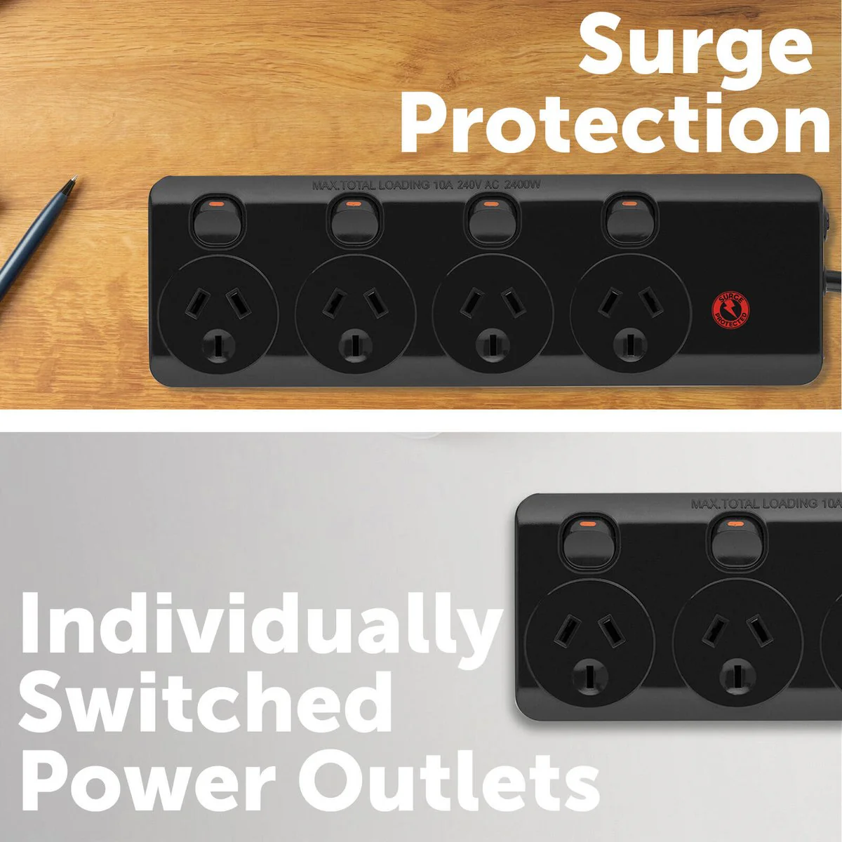 Arlec Black 4 Outlet Surge Protected Powerboard - 3m Lead - 350 Joule Protection - Image 3