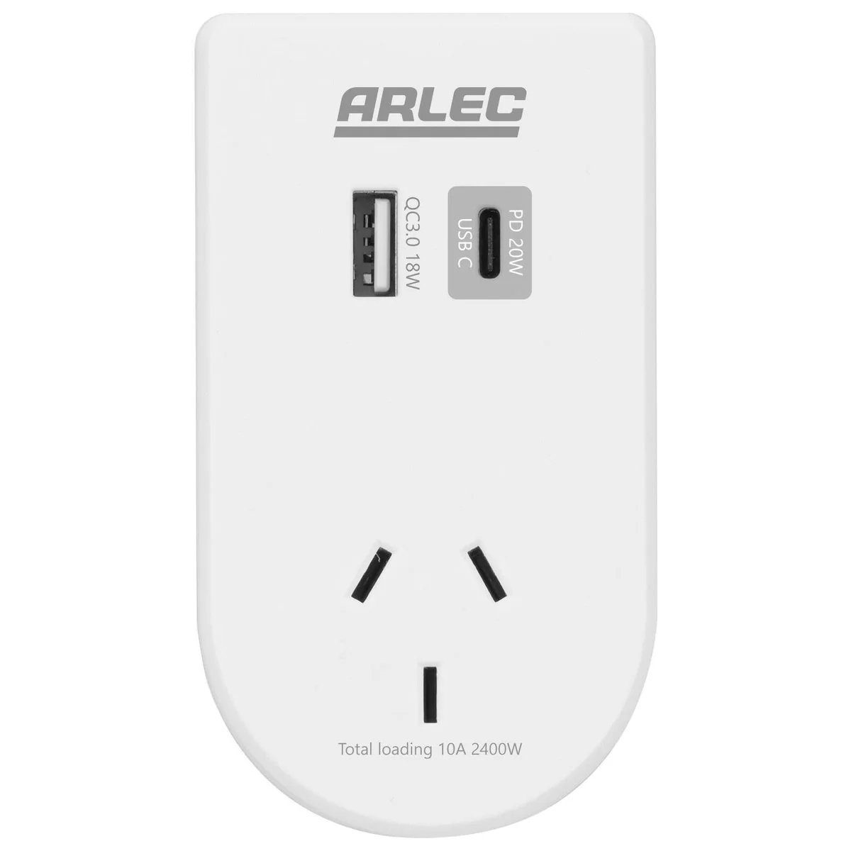 Arlec Power Adaptor with Integrated Phone Mount - Dual USB PD20W - Matt White - 55mm x 100mm x 70mm