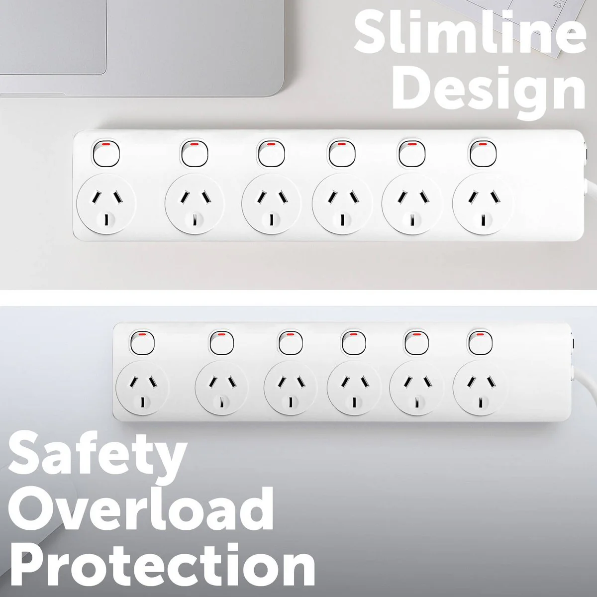 Arlec White 6 Outlet Powerboard 1.8m - Individually Switched - Overload Protection - Image 3