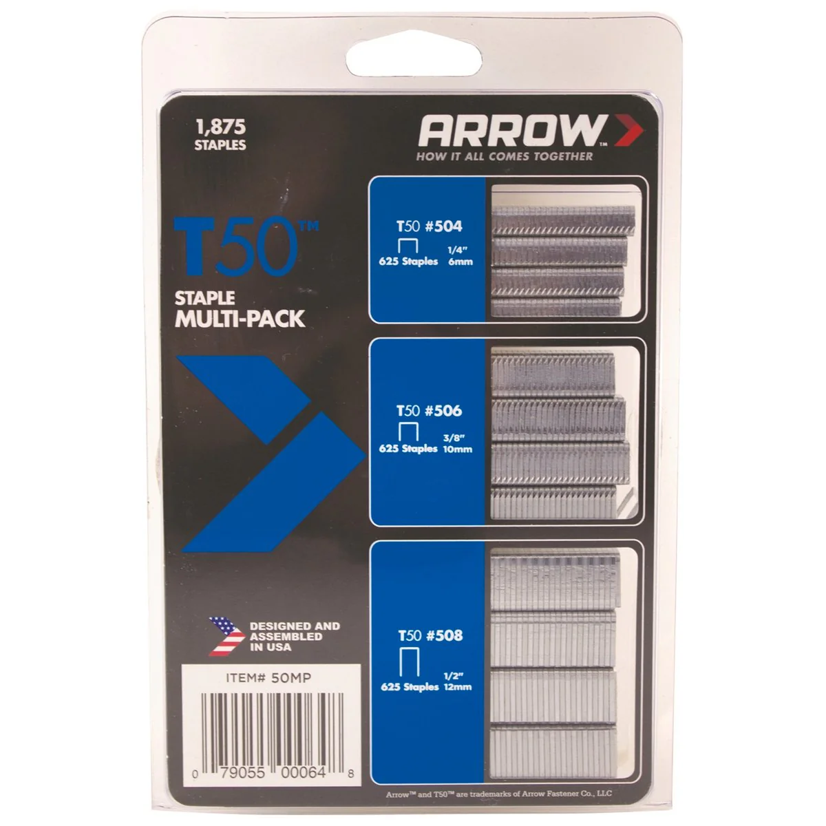 Arrow T50 Staple Multi Pack - 1875 Staples - 6mm, 10mm, 12mm - Steel