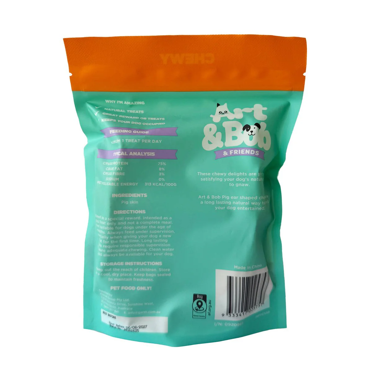 Art Bob Pig Ear Chews Adult Dog Treats 5 Pack - Natural - 60mm x 226mm - Image 2