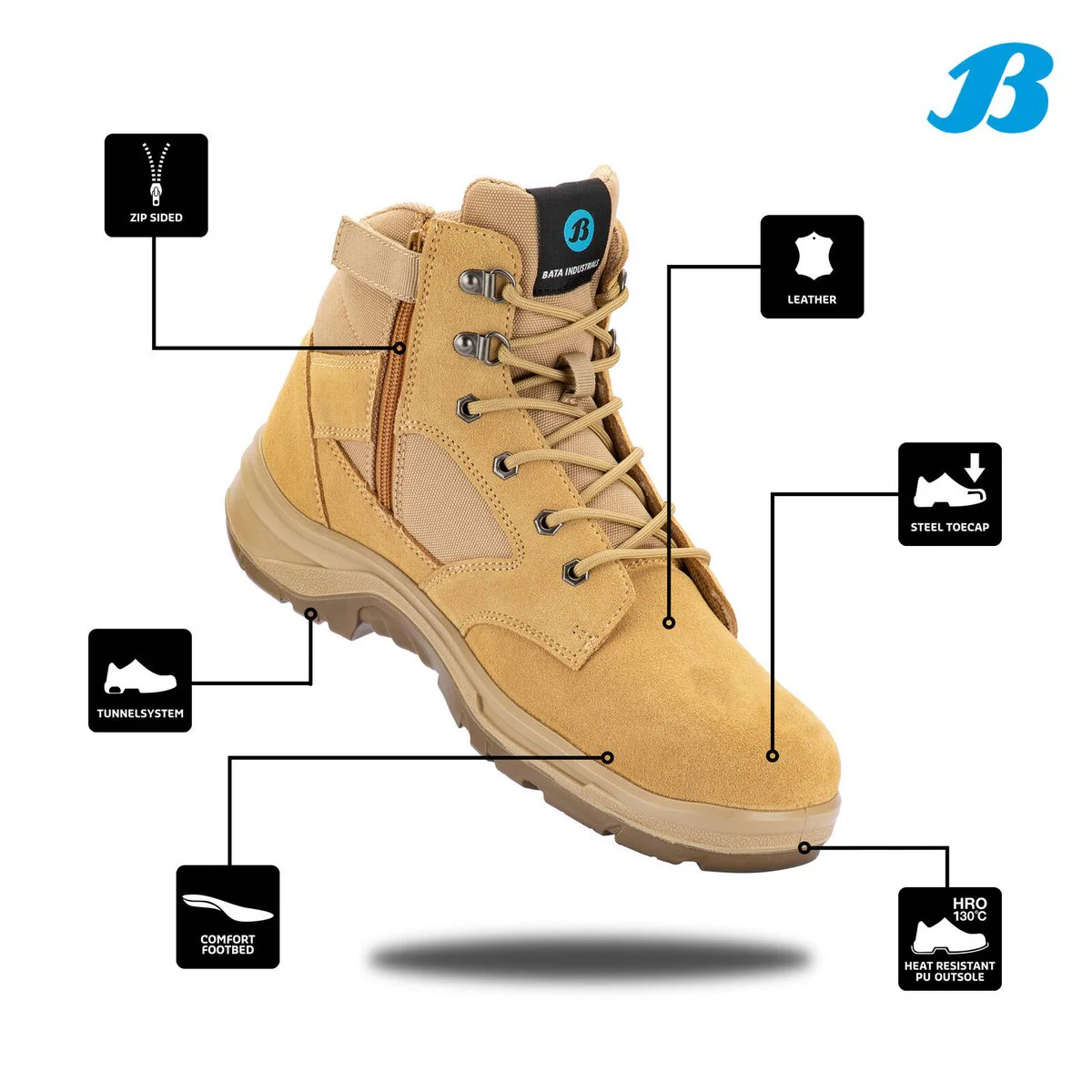 Bata Industrials Men's Wheat Bobcat Zip Side Safety Boot UK Size 10 - Steel Toe - Slip-Resistant - Lightweight - Image 2