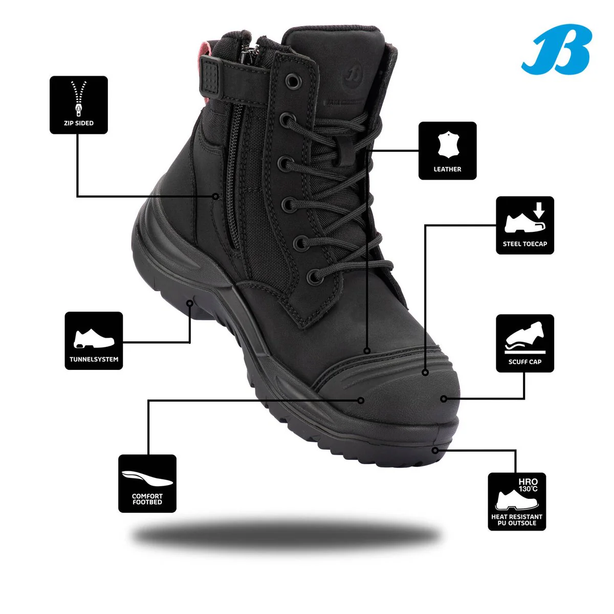 Bata Industrials Women’s Safety Boot - Black Luna Zip Side - Size 9 - Steel Toe - Slip Resistant - Image 2