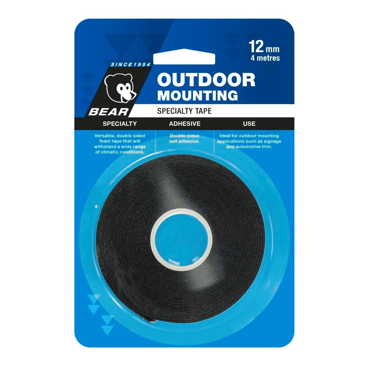 Bear Outdoor Mounting Tape - 12mm x 4m - Black Foam - Weather Resistant