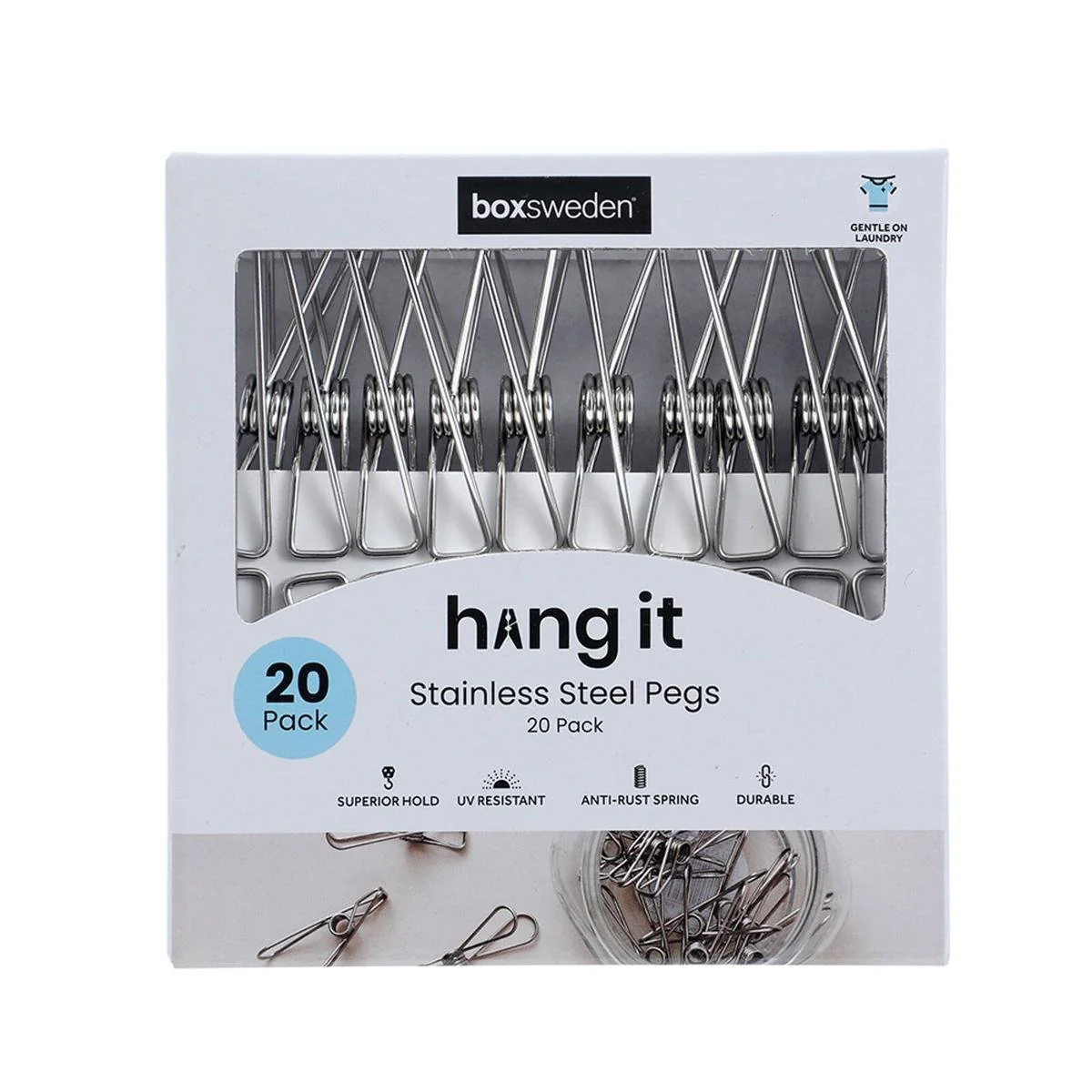 Boxsweden Stainless Steel Clothes Pegs 20 Pack - Durable UV Resistant - 27mm x 125mm x 145mm - Silver