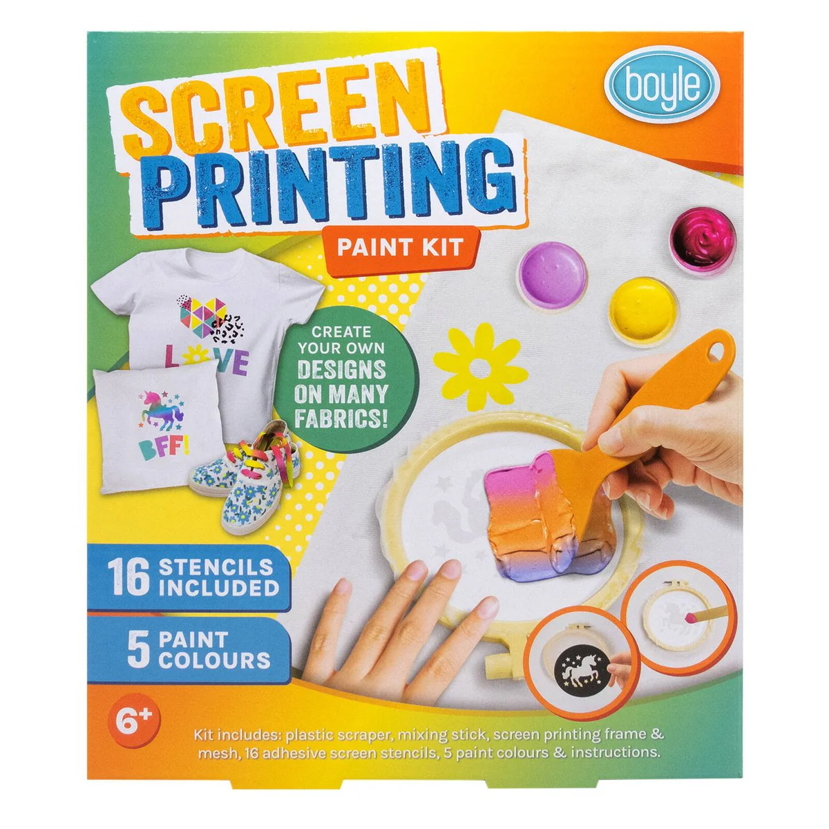 Boyle DIY Screen Printing Paint Kit - 5 Paint Colours - 16 Stencils - 200mm x 230mm
