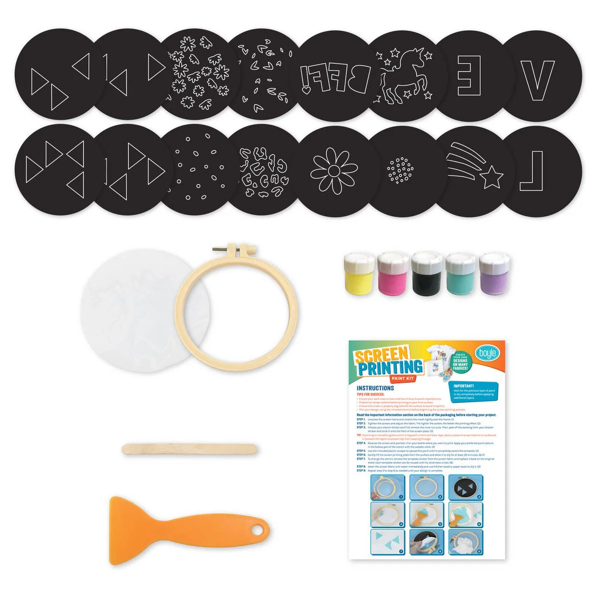 Boyle DIY Screen Printing Paint Kit - 5 Paint Colours - 16 Stencils - 200mm x 230mm - Image 2
