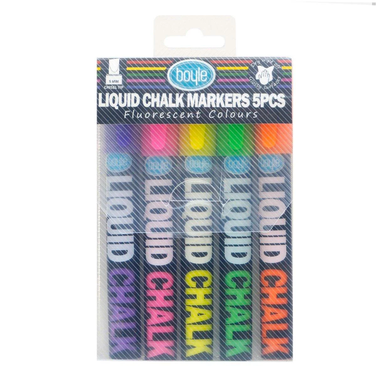 Boyle Liquid Chalk Markers 5 Piece Set - 5mm Chisel Tip - Versatile Writing Tools