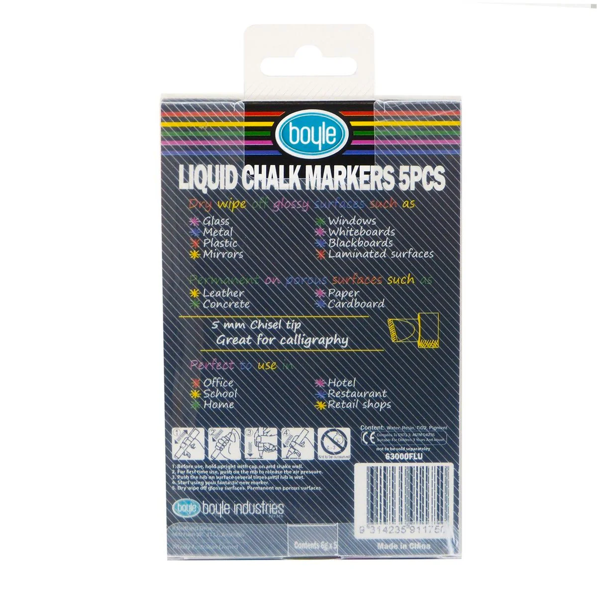 Boyle Liquid Chalk Markers 5 Piece Set - 5mm Chisel Tip - Versatile Writing Tools - Image 2