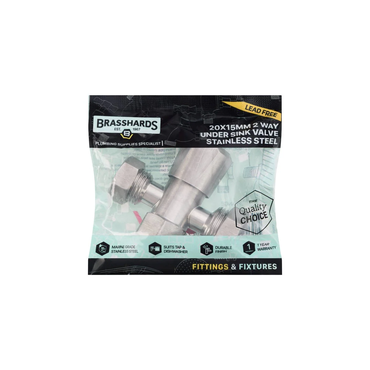Brasshards 2 Way Under Sink Valve 20mm x 15mm Stainless Steel - Durable Design - Easy Installation - Image 3