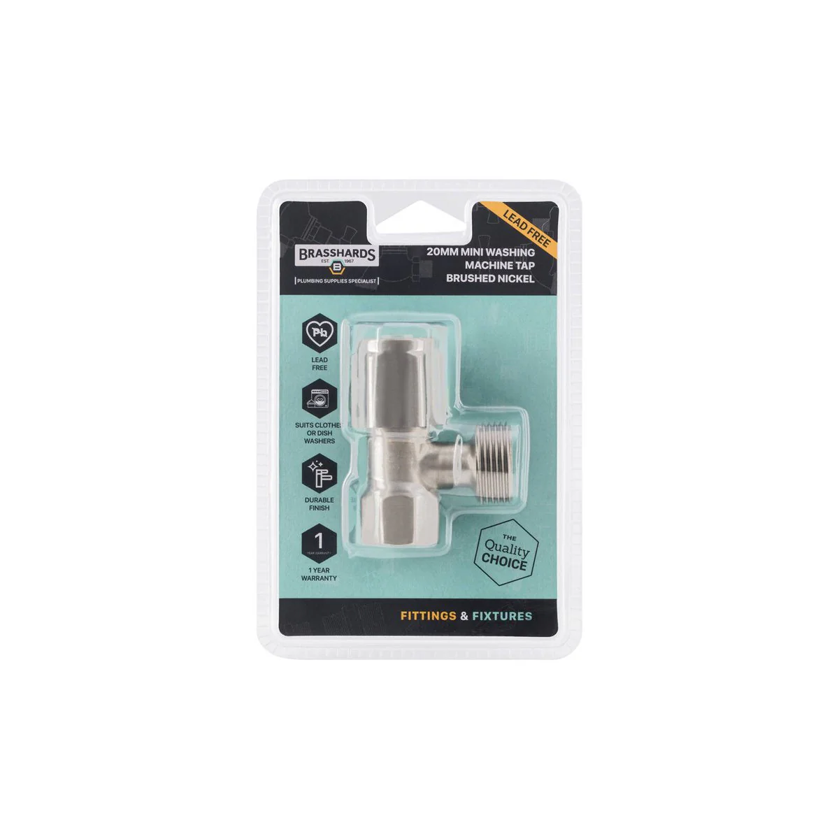 Brasshards Mini Washing Machine Tap 20mm - Brushed Nickel - Lead Free - Compact Design - Image 3