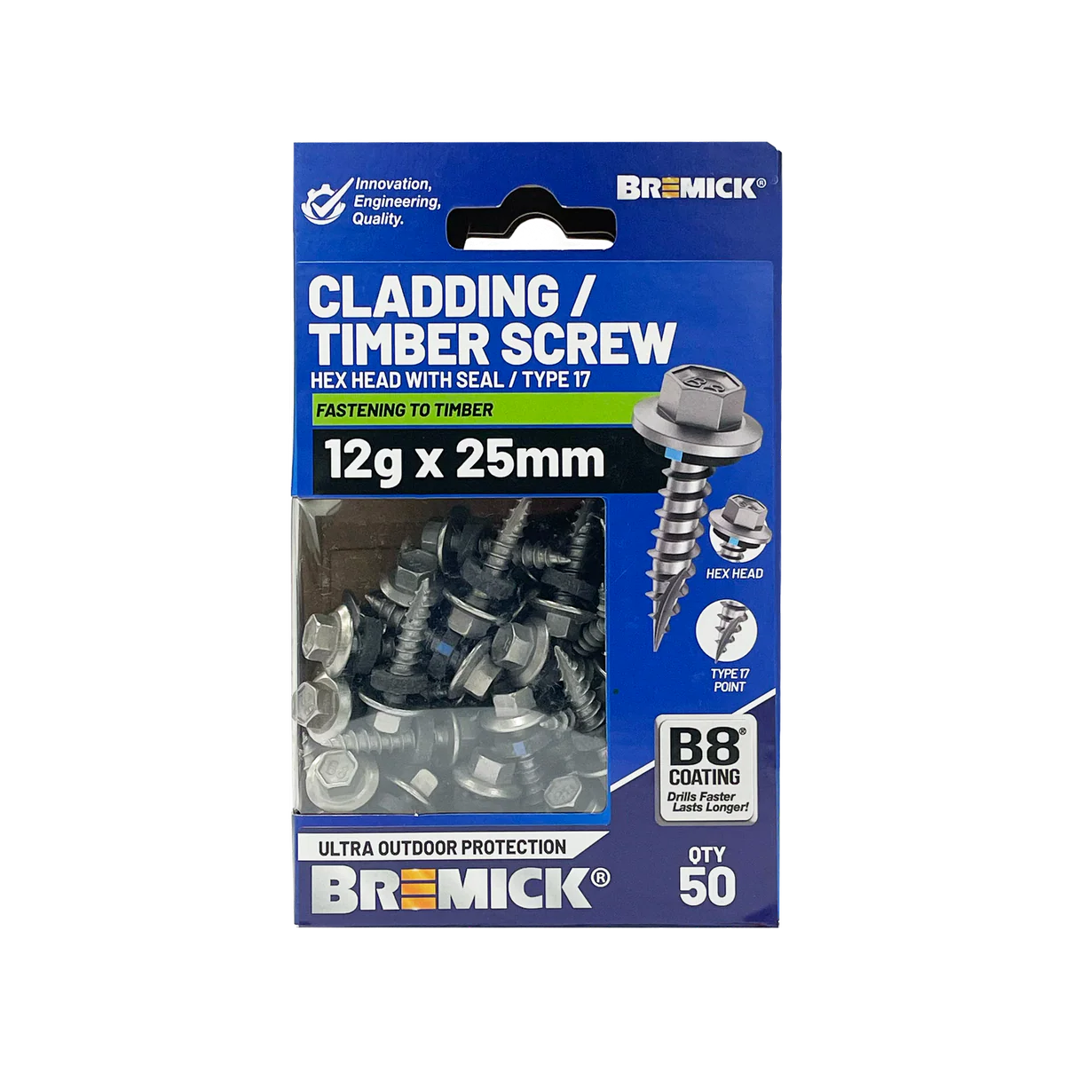 Bremick 12g x 25mm B8 Hex Cladding Screw - 50 Pack - High Corrosion Resistance - Image 2